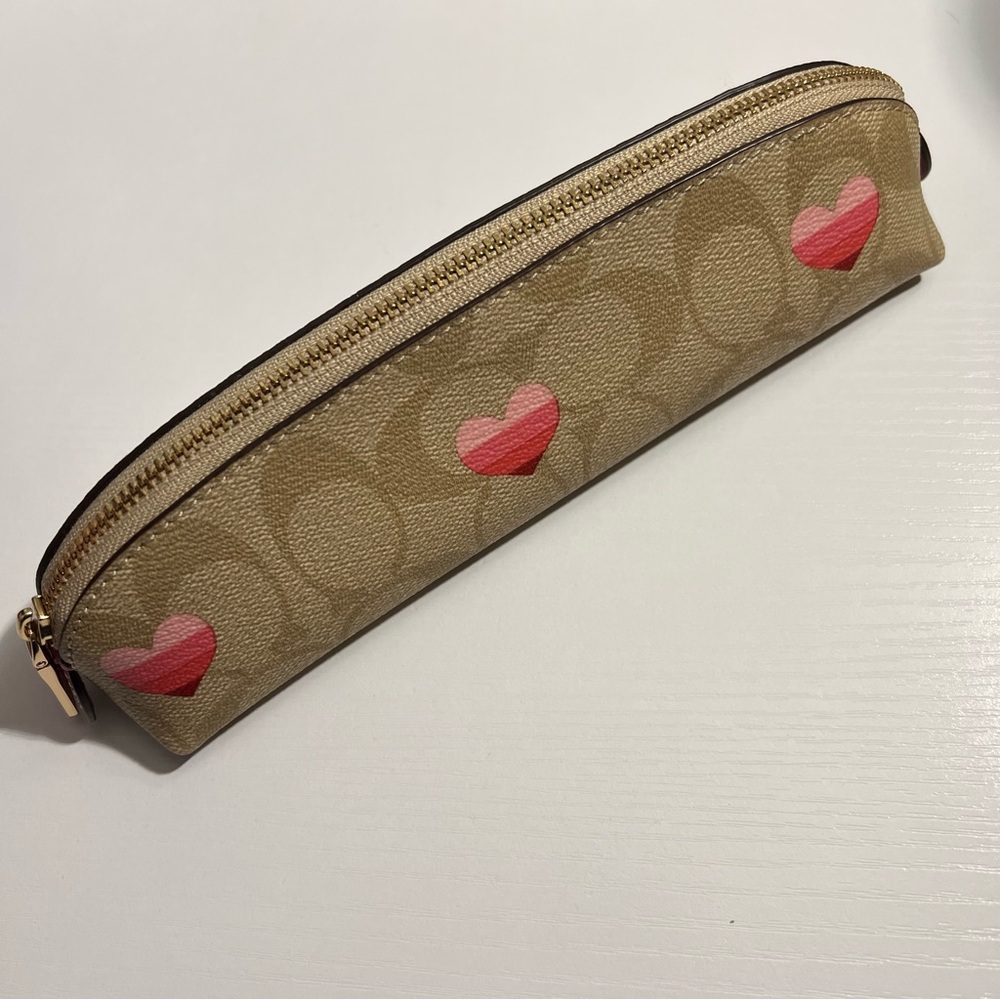 Coach Pencil Case In Signature Canvas with Stripe Heart Print